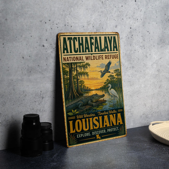 A vintage-style sign for the Atchafalaya National Wildlife Refuge in Louisiana, featuring an illustration of wildlife and nature.
