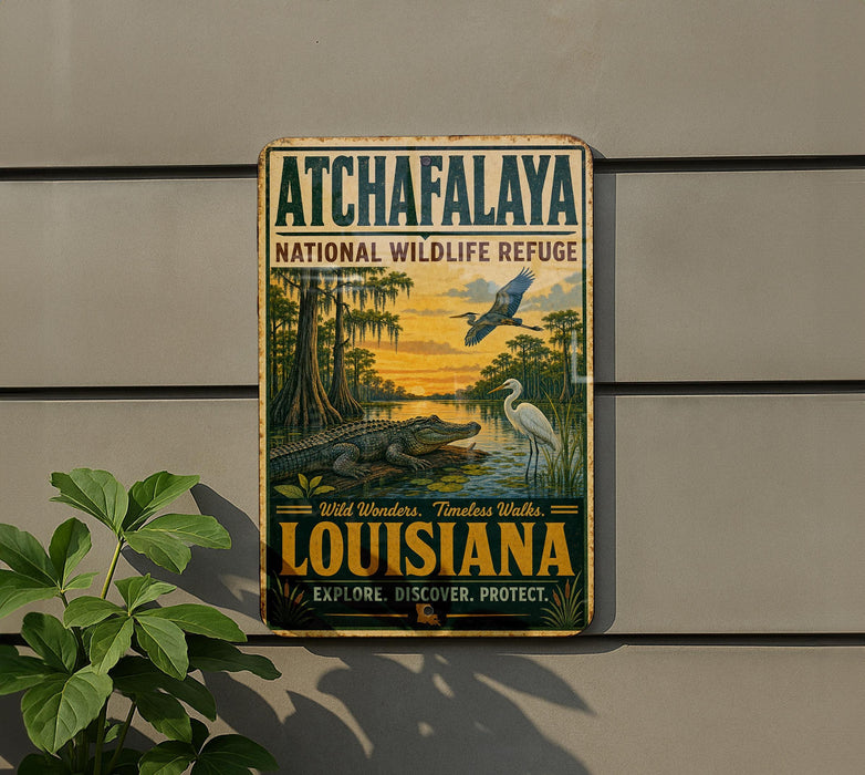 A vintage-style metal sign for Atchafalaya National Wildlife Refuge in Louisiana, featuring an illustration of wildlife and a sunset landscape.