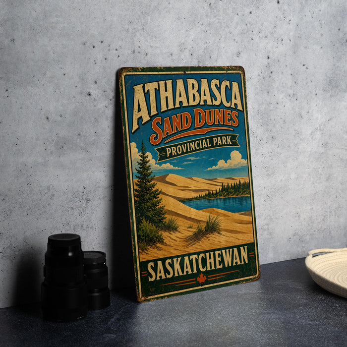 A vintage-style sign for Athabasca Sand Dunes in Saskatchewan, Canada, featuring a scenic landscape with a lake and mountains.
