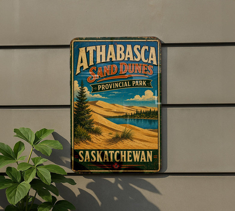 A vintage-style sign for Athabasca Sand Dunes, a scenic park in Saskatchewan, Canada.