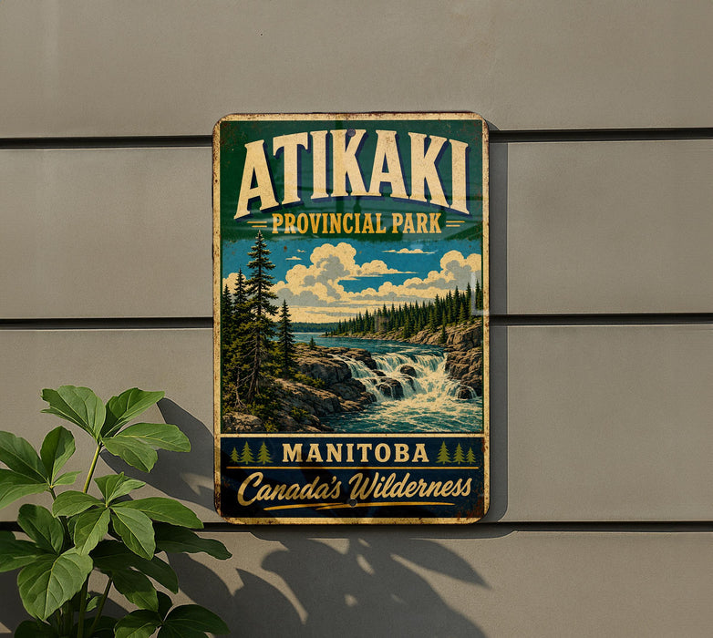 A vintage-style metal sign for Atikaki Provincial Park in Manitoba, Canada, featuring a scenic landscape with a waterfall and pine trees.