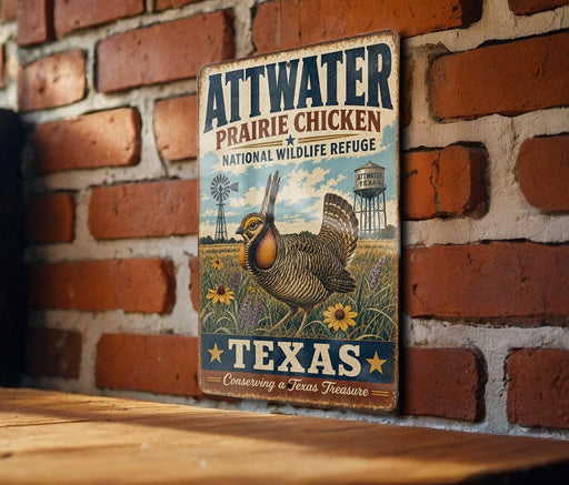 A vintage metal sign featuring an illustration of a prairie chicken and the text "ATTWATER Prairie Chicken National Wildlife Refuge" is displayed on a brick wall.