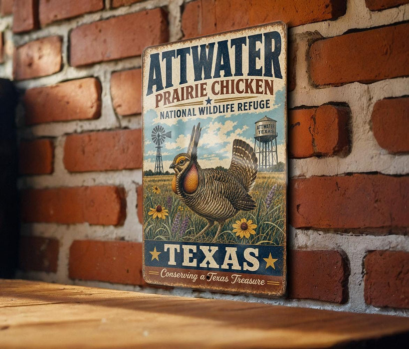 A vintage metal sign featuring an illustration of a prairie chicken and the text "ATTWATER Prairie Chicken National Wildlife Refuge" is displayed on a brick wall.