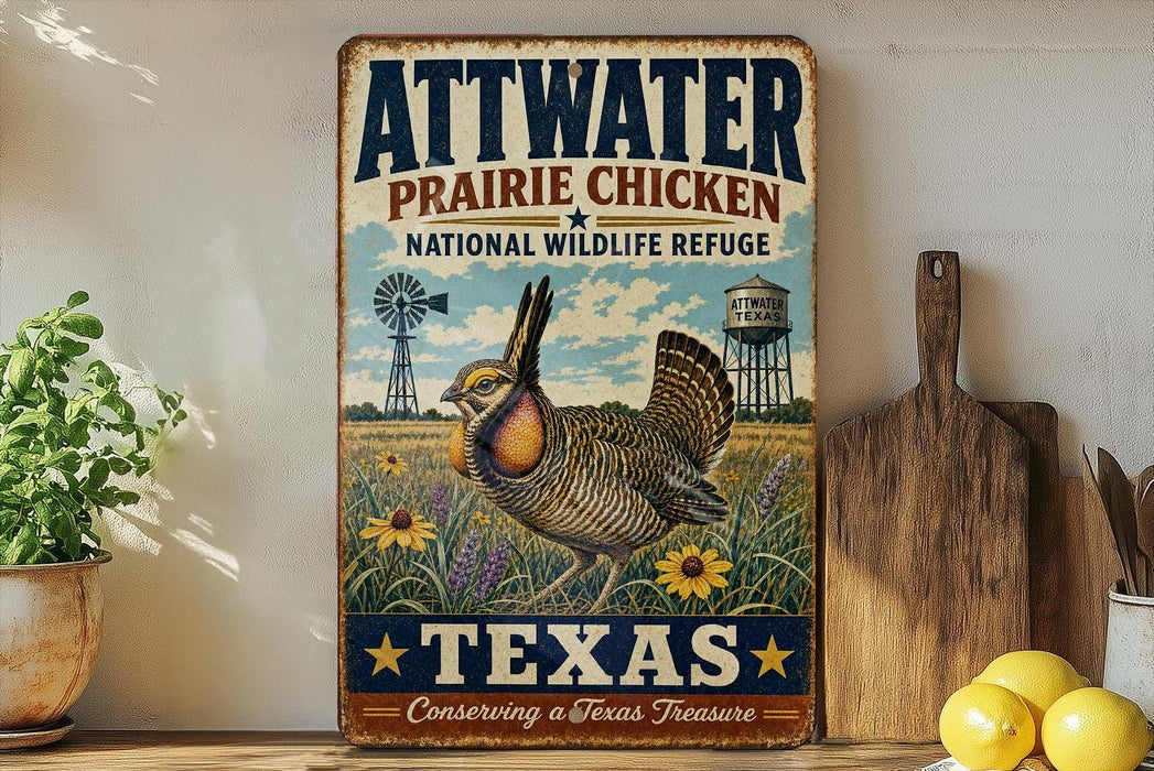 A vintage-style metal sign with the text "ATWATER PRAIRIE CHICKEN" and "NATIONAL WILDLIFE REFUGE" is displayed on a shelf, accompanied by a wooden cutting board and a potted plant.