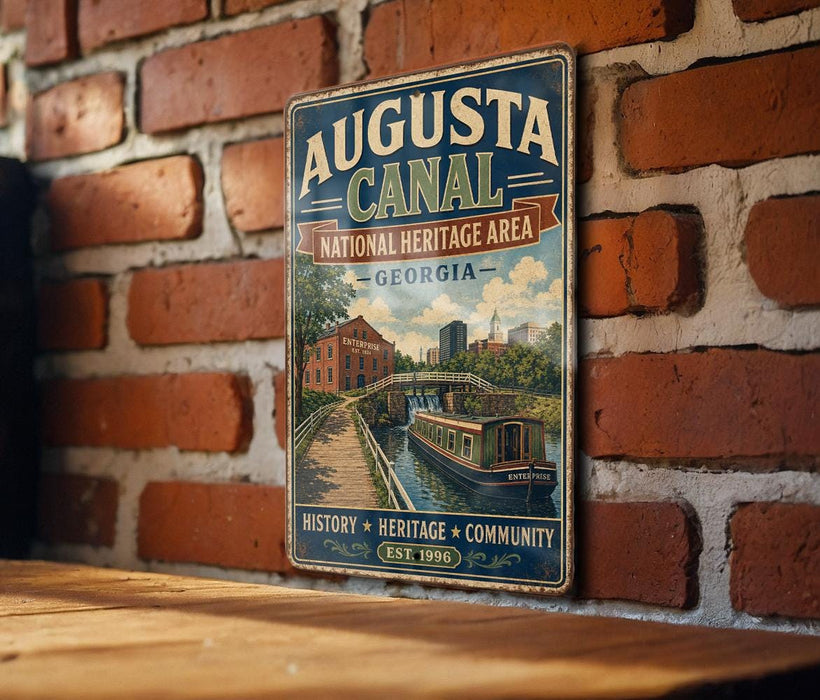 A vintage metal sign for the Augusta Canal in Georgia, featuring an illustration of a canal with a boat and buildings, mounted on a brick wall.