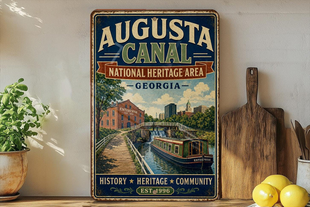 a vintage-style metal sign for the Augusta Canal National Heritage Area in Georgia, with a painting of a canal and buildings in the background.