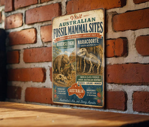 a vintage-style sign advertising Australian fossil sites, including the River Sleigh and Naracocorte sites.