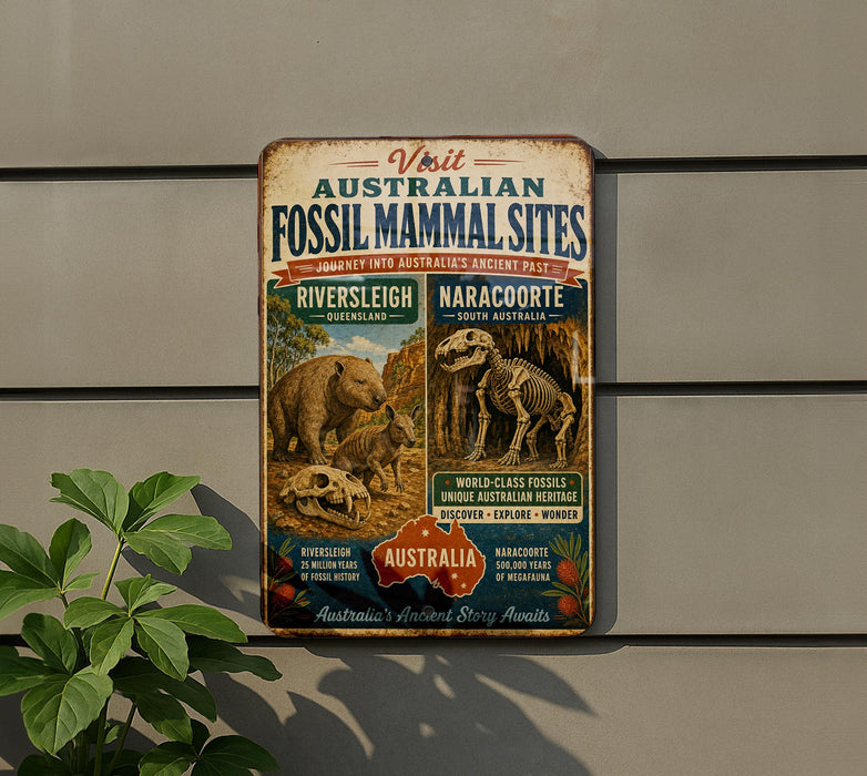 a vintage-style sign advertising fossil sites in Australia, with illustrations of two fossilized animals and text describing the sites.