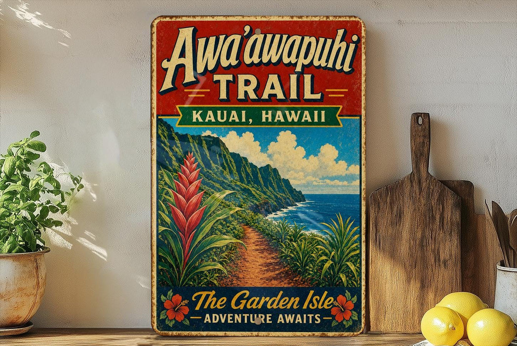 A vintage-style metal sign advertising the Awa'awapuhi Trail in Kauai, Hawaii, featuring a scenic mountain landscape with a path leading through it.