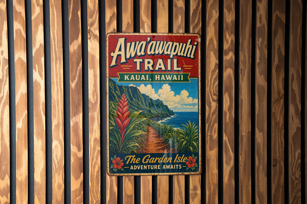 A vintage-style metal sign for the Awa'apuhiki Trail in Kauai, Hawaii, featuring a tropical landscape with mountains, palm trees, and a winding path.