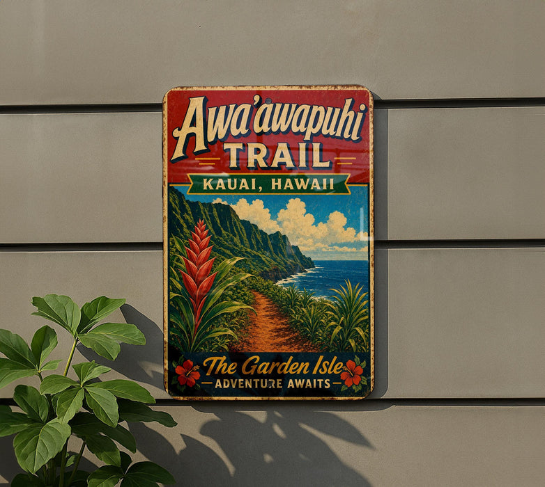A vintage trail sign for the Awa'i'au'aki Trail in Kauai, Hawaii, featuring a tropical landscape with mountains, palm trees, and a winding path.