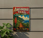 A vintage trail sign for the Awa'i'au'aki Trail in Kauai, Hawaii, featuring a tropical landscape with mountains, palm trees, and a winding path.
