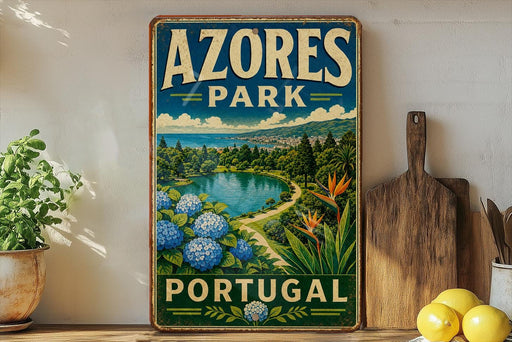 A vintage-style sign for "Azeros Park" in Portugal, featuring a scenic landscape with a lake, mountains, and colorful flowers.