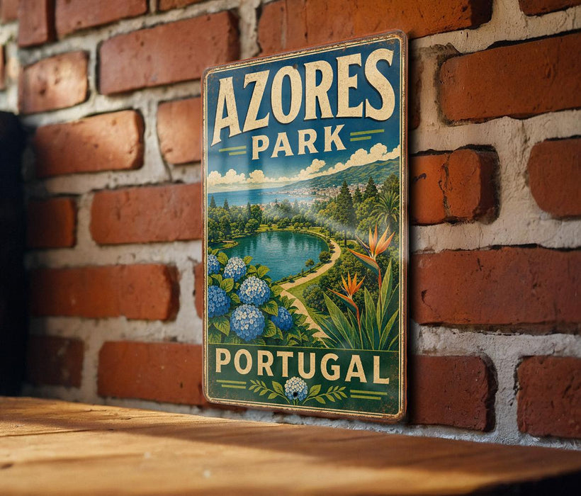 A vintage-style metal sign displaying the name "Azeros Park" and the word "Portugal" is hanging on a brick wall.