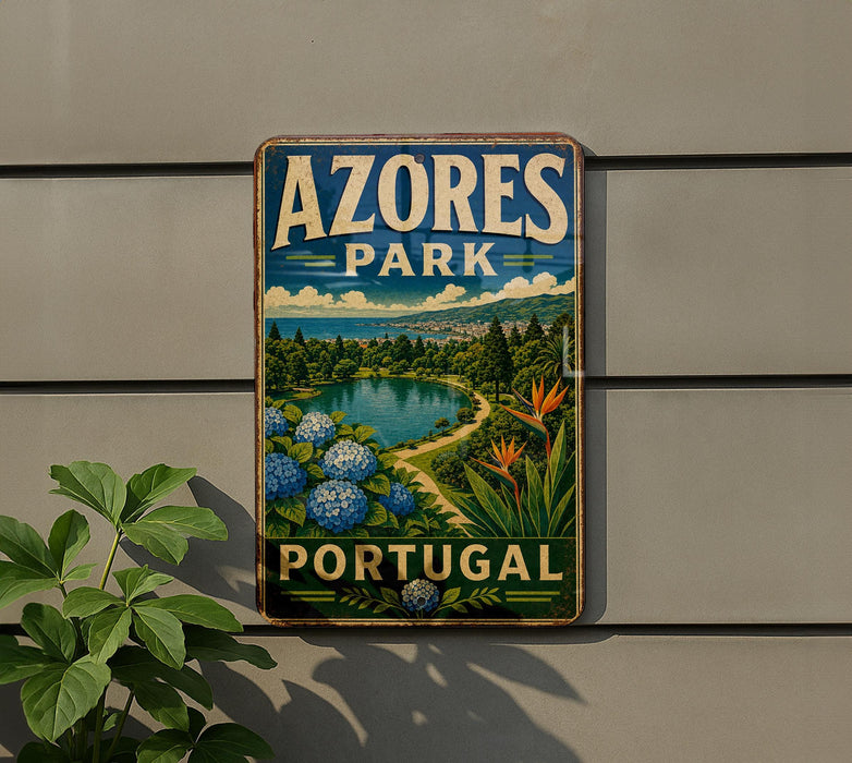 A vintage-style metal sign with the text "AZORES PARK PORTUGAL" displayed on a wall, featuring a scenic landscape with a lake, mountains, and colorful flowers.