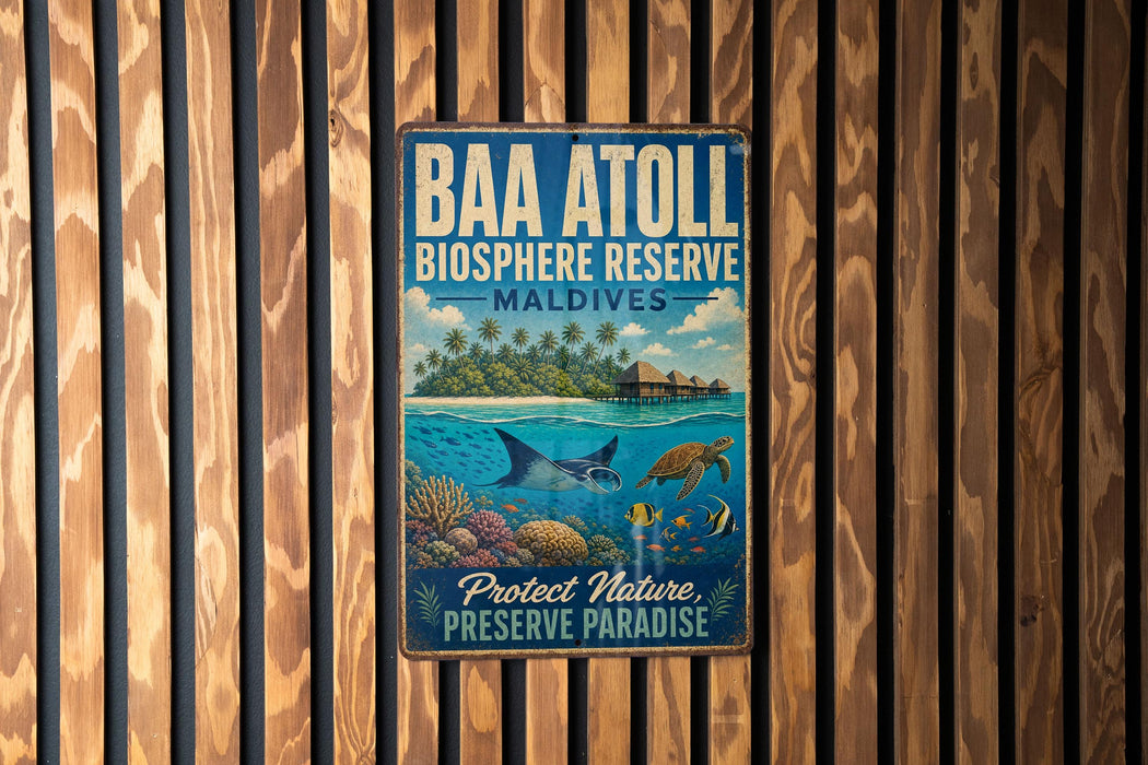 A vintage metal sign with the text "BAA ATOLL BIOSPHERE RESERVE MALIVES" and an illustration of a tropical island with various marine life, such as a shark, turtle, and fish, against a backdrop of a blue ocean.