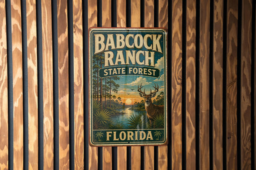 A vintage metal sign for Babcock Ranch, Florida, featuring a scenic landscape with a deer and palm trees.