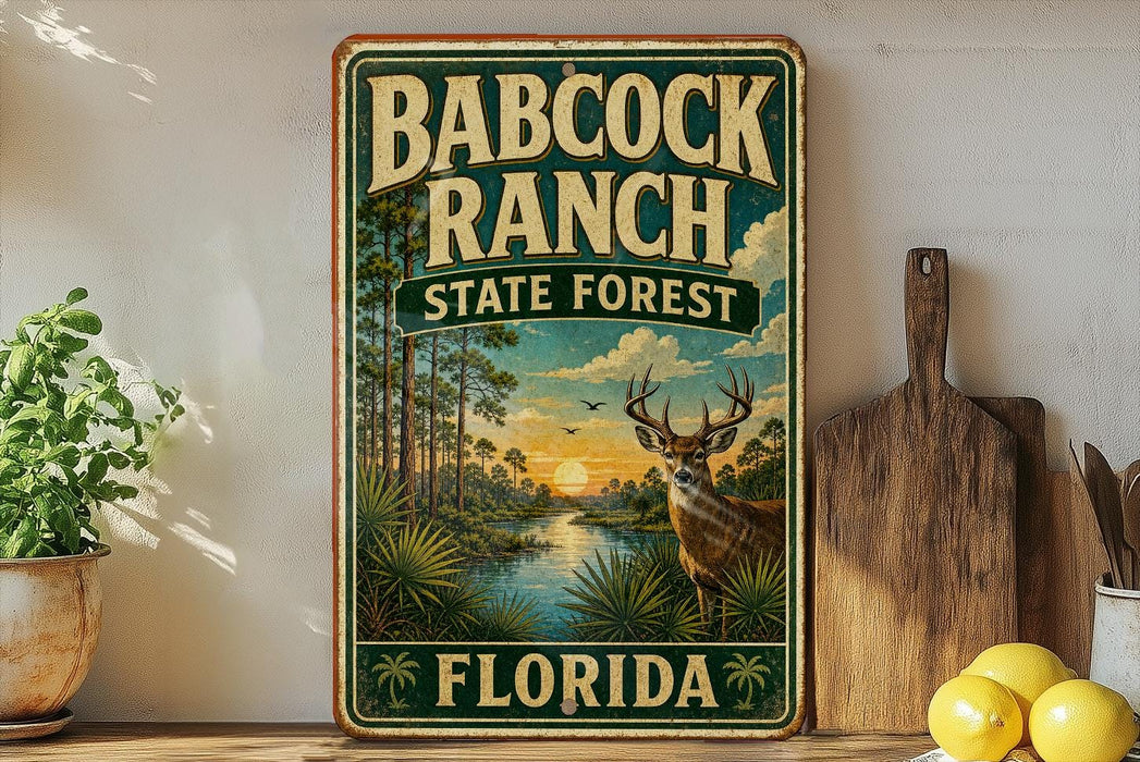 A vintage metal sign for Babcock Ranch, Florida, featuring a scenic landscape with a deer and palm trees.