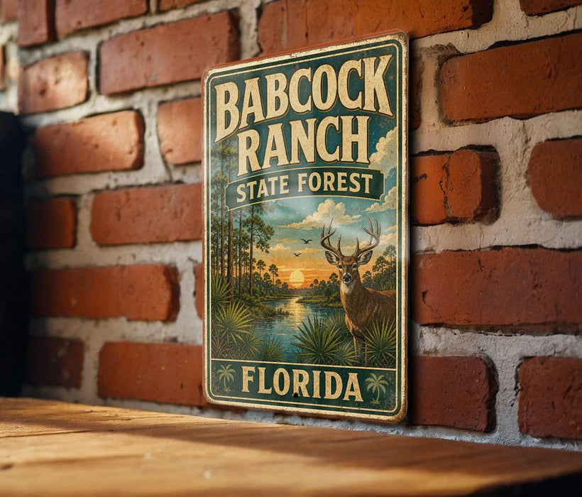 A vintage metal sign for Babcock Ranch, Florida, featuring a scenic illustration of the state's state forest landscape.