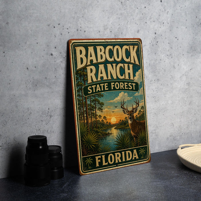 A vintage-style metal sign for Babcock Ranch State Forest in Florida, featuring an illustration of a deer in a forest setting with palm trees and a sunset.