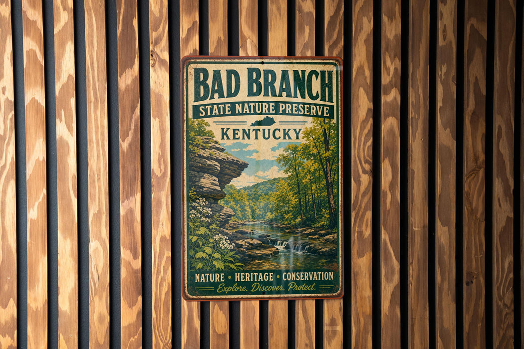 A vintage-style metal sign for Bad Branch State Nature Preserve in Kentucky, featuring a scenic landscape with a river and forest.