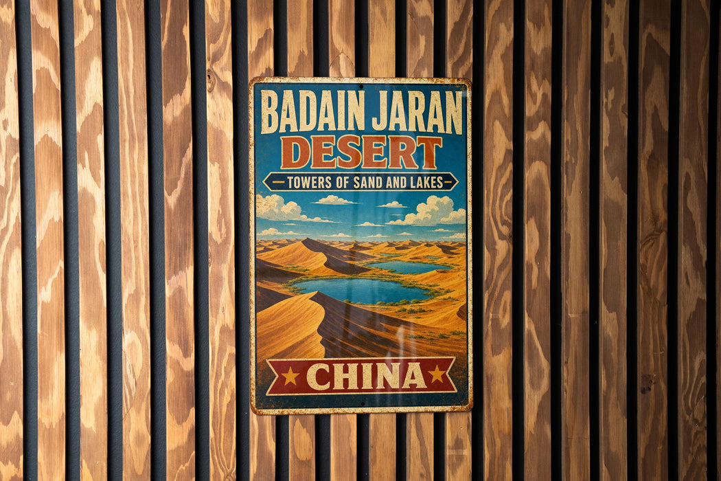A vintage metal sign for the Badain Jaran Desert in China, featuring a desert landscape with sand dunes and a lake.