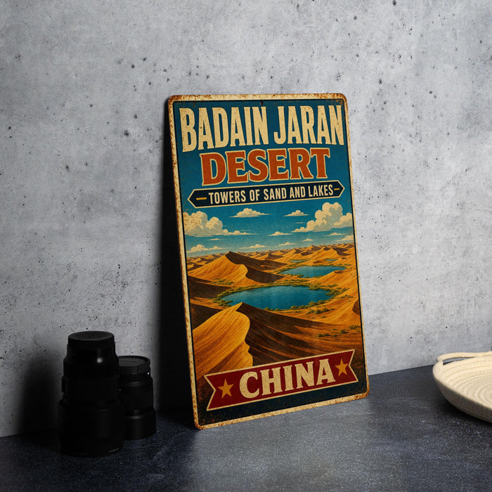 A vintage-style metal sign advertising the Badain Jaran Desert in China, featuring a desert landscape with sand dunes and a lake.