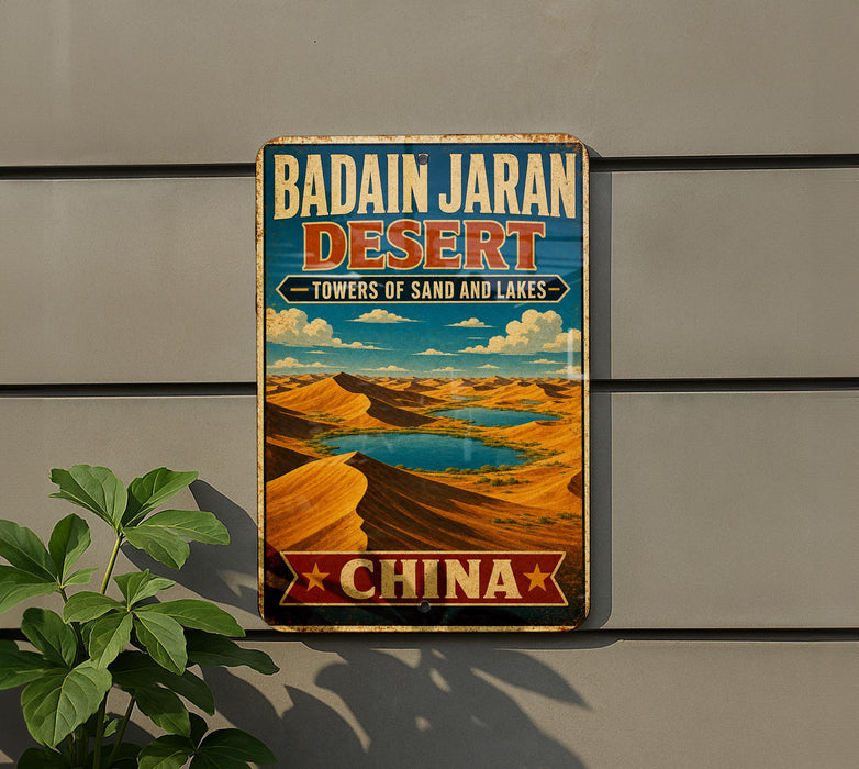 A vintage-style sign for the Badain Jaran Desert in China, featuring a desert landscape with sand dunes and a lake.