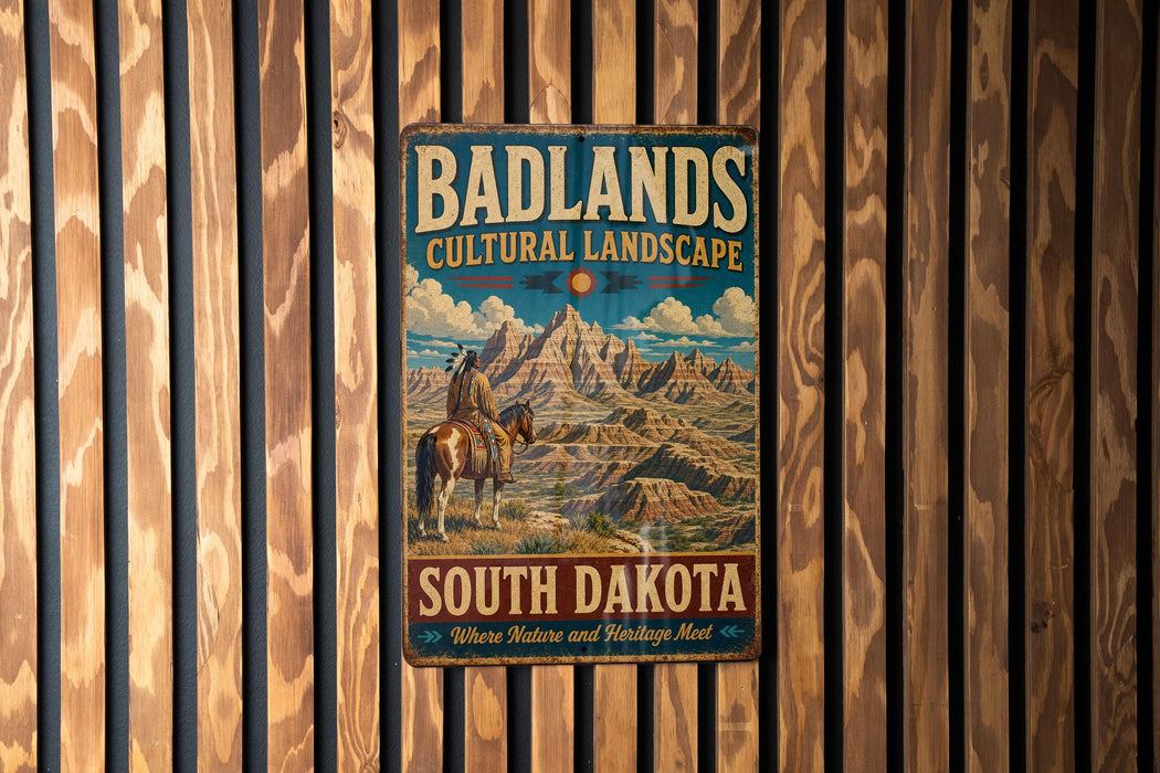 A vintage metal sign for Badlands Cultural Landscape South Dakota, featuring a cowboy on horseback and a mountain landscape.