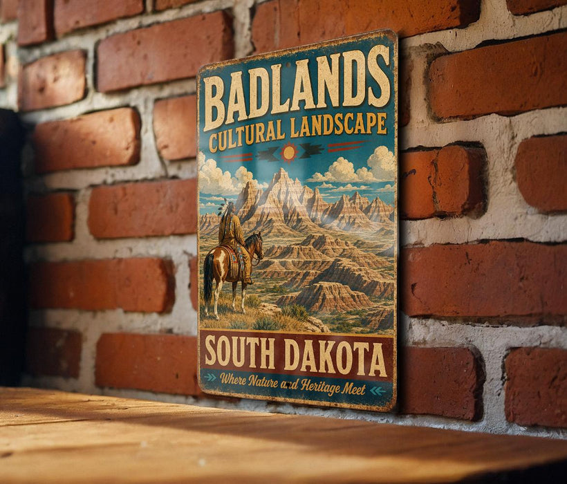 A vintage-style metal sign with the text "Badlands Cultural Landscape South Dakota" and an illustration of a cowboy on a horse, mounted on a brick wall.