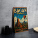 A vintage-style metal sign with the name "Bagan" and the text "Myanmar Land of Ancient Wonders" is displayed on a gray wall.