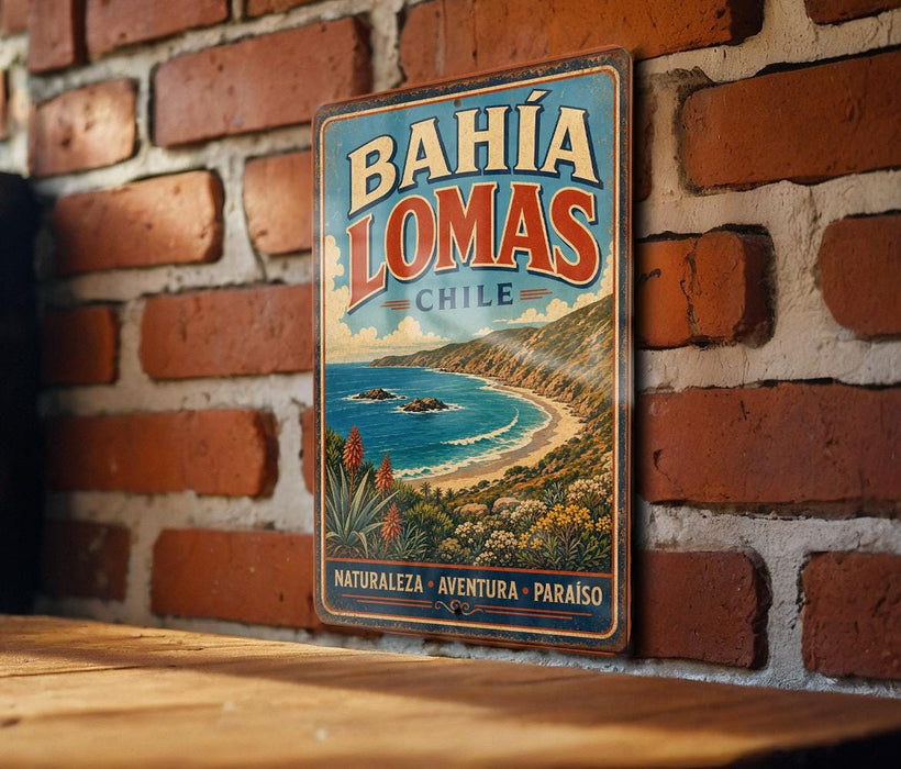 A vintage-style metal sign with the text "BAHIA LOMAS CHILE" and a scenic illustration of a coastal landscape with mountains, palm trees, and a beach.