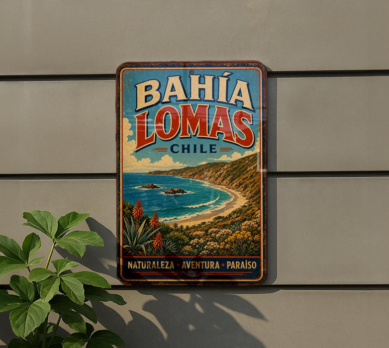 A vintage-style metal sign with the text "BAHIA LOMAS CHILE" and a scenic coastal landscape.