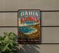 A vintage-style metal sign with the text "BAHIA LOMAS CHILE" and a scenic coastal landscape.