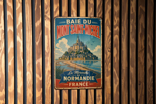 A vintage metal sign with the text "BAIE DU MONT SAINT-MICHEL" and "La Merveilleuse de Normandie FRANCE" is displayed on a wooden wall.