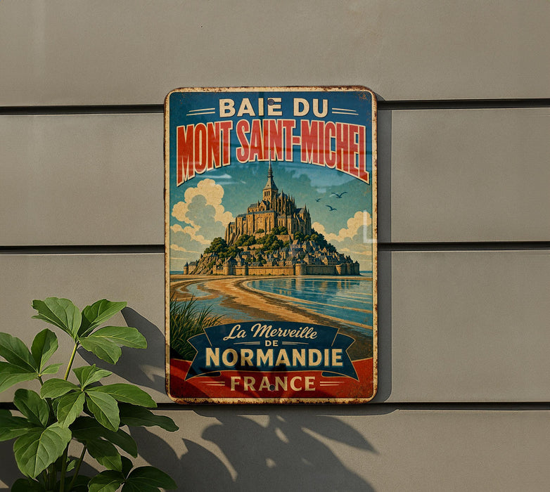 A vintage metal sign advertising the town of Mont Saint-Michel, France, featuring a castle and beach in the background.