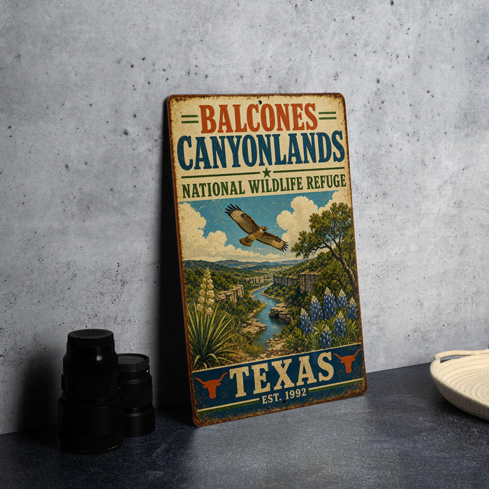 A vintage-style metal sign for the Balcones Canyonlands National Wildlife Refuge in Texas, featuring an illustration of a scenic landscape with a bird in flight.