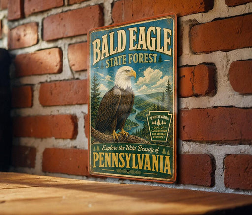 A vintage-style metal sign for the Bald Eagle State Forest in Pennsylvania, featuring an illustration of a bald eagle perched on a tree branch against a forest backdrop.