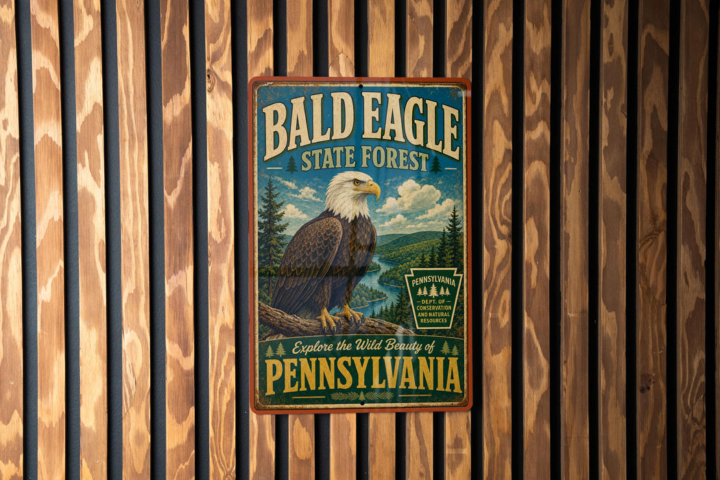 A metal sign with the text "Bald Eagle State Forest" and an illustration of an eagle is displayed on a wooden wall.
