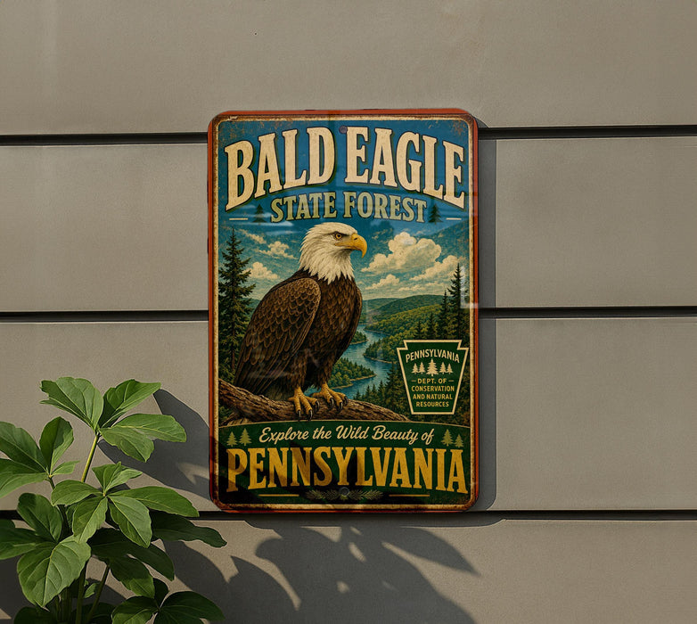 A vintage metal sign for Bald Eagle State Forest in Pennsylvania, featuring an eagle perched on a tree branch against a scenic background.