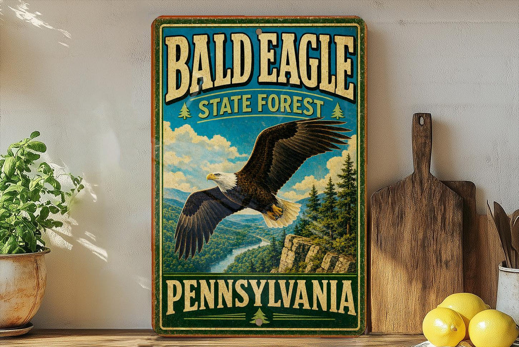 A vintage-style sign for the Bald Eagle State Forest in Pennsylvania, featuring an eagle in flight against a scenic landscape.