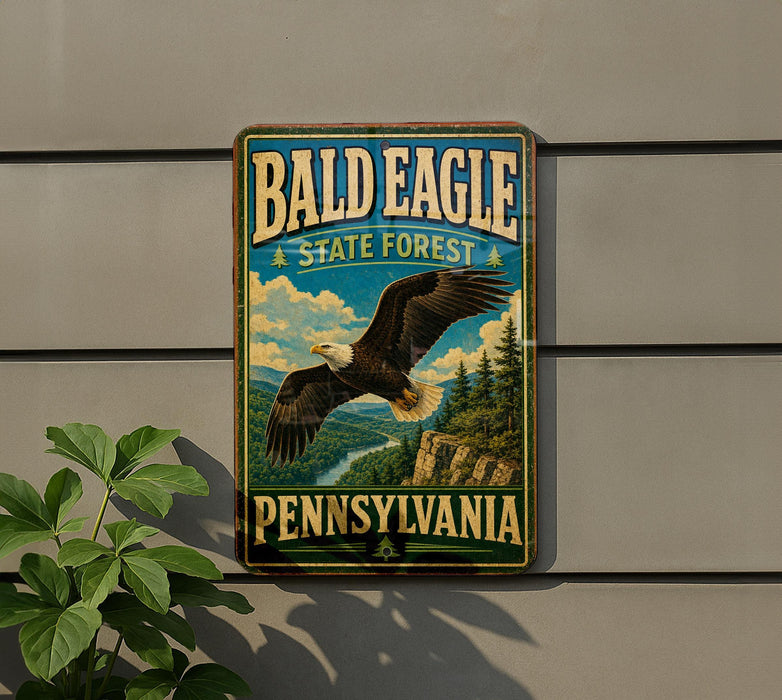 A metal sign with the text "Bald Eagle State Forest Pennsylvania" and an illustration of a bald eagle in flight, mounted on a wall.
