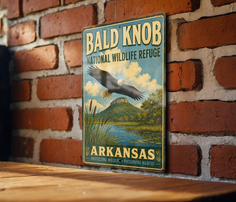 A vintage metal sign for the Bald Knob National Wildlife Refuge in Arkansas, featuring an eagle in flight and a scenic landscape.