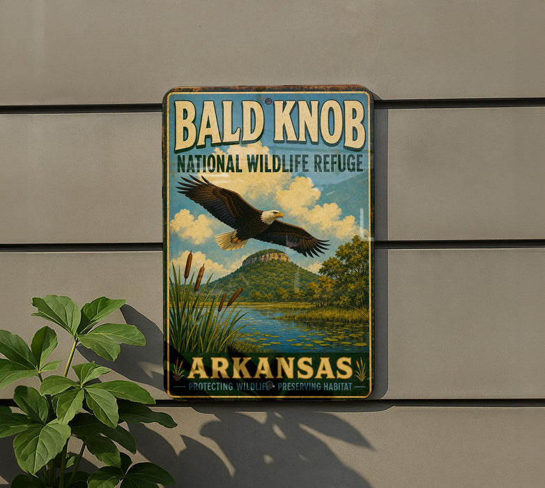 A vintage-style metal sign for Bald Knob National Wildlife Refuge in Arkansas, featuring an eagle in flight and a scenic landscape.