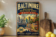 A vintage-style metal sign for the Baltimore National Heritage Area in Maryland, featuring an illustration of a ship and buildings, with the text "Discover our story" and "Experience, Preserve, Celebrate History, Culture, Heritage".