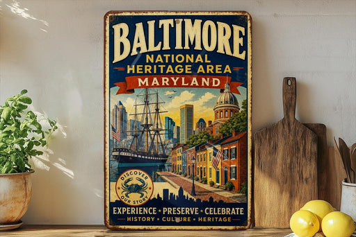 A vintage-style metal sign for the Baltimore National Heritage Area in Maryland, featuring an illustration of a ship and buildings, with the text "Discover our story" and "Experience, Preserve, Celebrate History, Culture, Heritage".