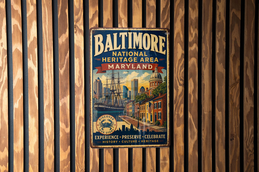 A vintage metal sign for the Baltimore National Heritage Area in Maryland, featuring a ship and a cityscape, is displayed on a wooden wall.