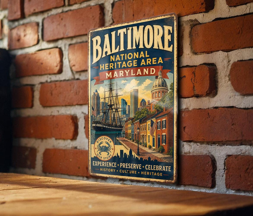 A vintage metal sign for the Baltimore National Heritage Area in Maryland, featuring an illustration of the city skyline and a ship, mounted on a brick wall.