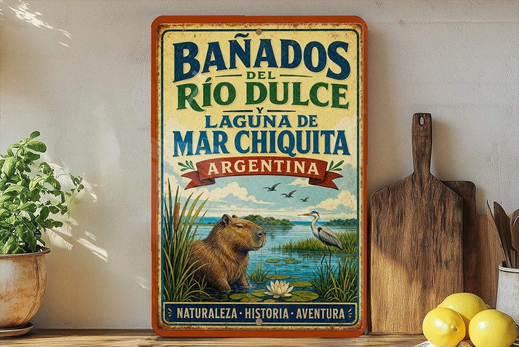 A vintage-style sign for Banados del Rio Dulce y Laguna de Mar Chiquita, Argentina, featuring an illustration of a beaver in a natural setting.