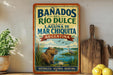 A vintage-style sign for Banados del Rio Dulce y Laguna de Mar Chiquita, Argentina, featuring an illustration of a beaver in a natural setting.